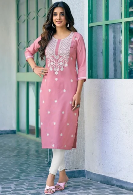 Memsaab Pink Thread Work Straight Kurta