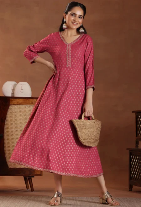 Memsaab Pink V Neck Print A-Line Dress