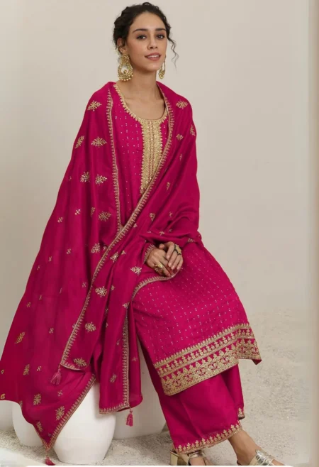 Memsaab Pink and Gold-Toned Embroidered Kurta Set