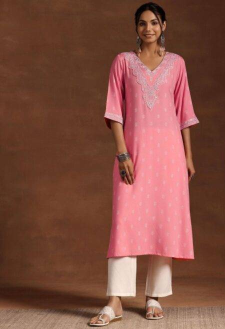 Memsaab Pink and White V Neck A-Line Kurta