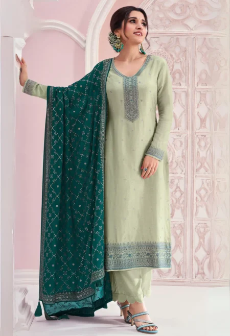 Memsaab Pista Thread Embroidered Silk Suit Set