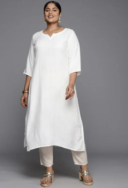 Memsaab Plus Size White Rayon Embroidered Straight Kurta