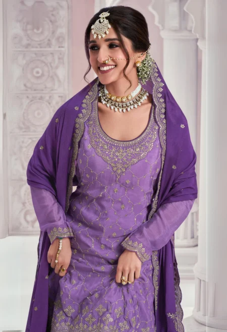 Memsaab Purple Embroidered Chinon Sharara Suit Set