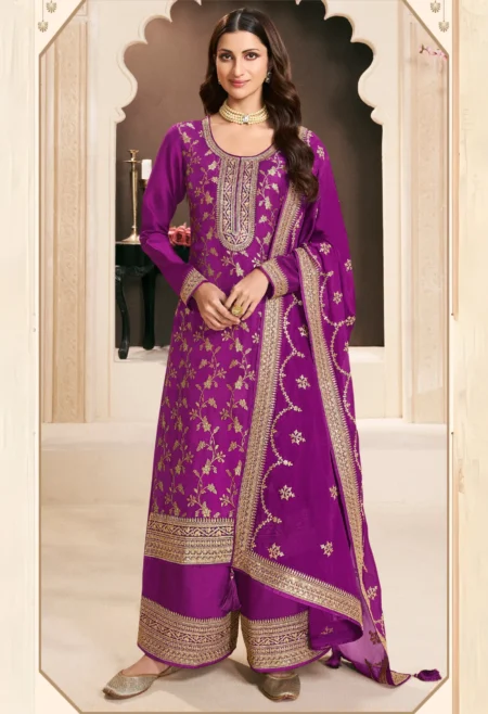 Memsaab Purple Embroidered Palazzo Suit