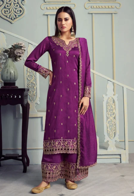 Memsaab Purple Embroidered Silk Georgette Suit Set