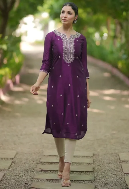 Memsaab Purple Embroidered Silk Kurta