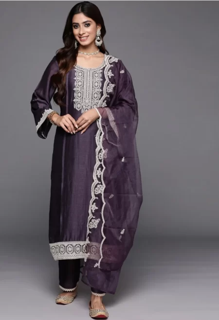 Memsaab Purple Embroidered Silk Kurta Set