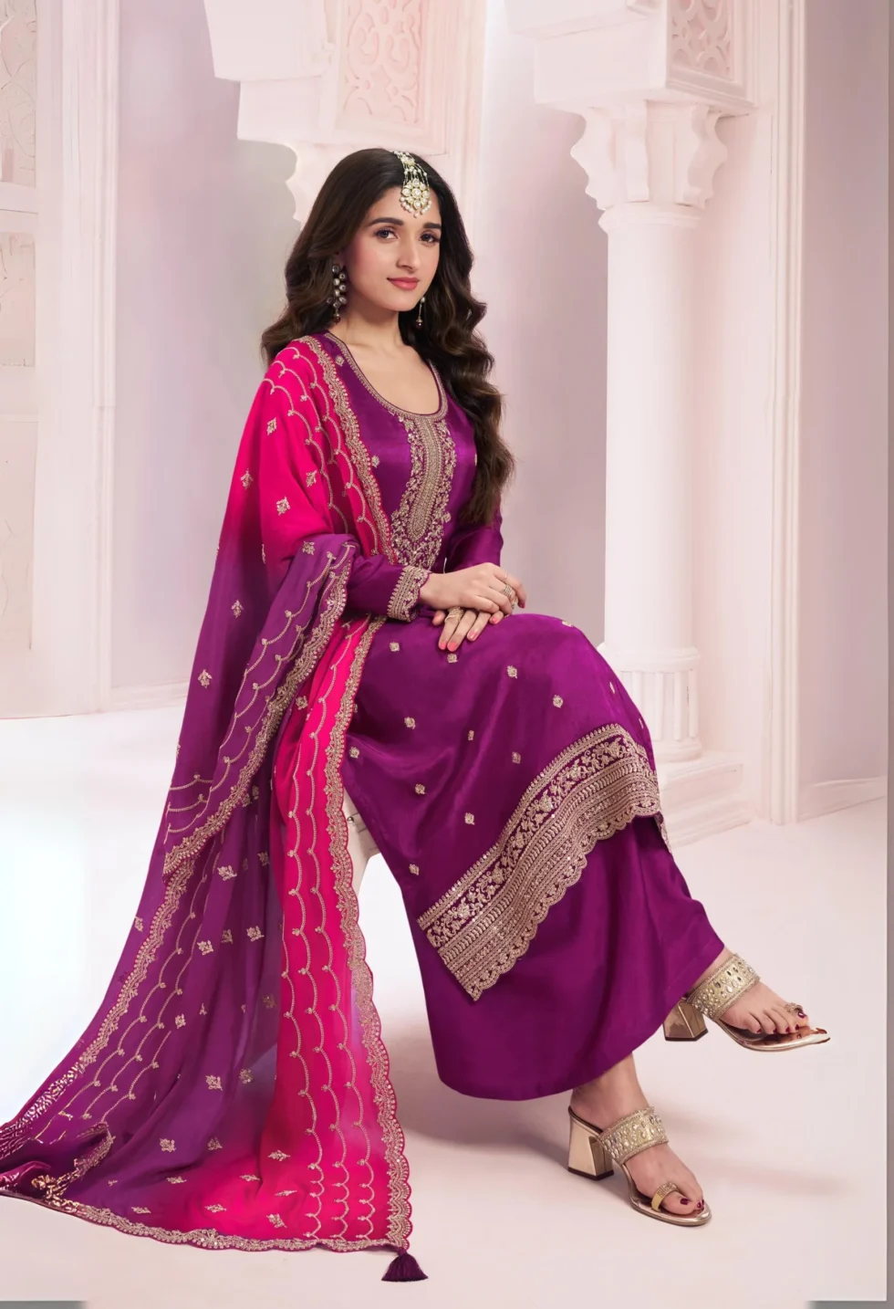 Memsaab Purple Embroidered Silk Sharara Suit Set