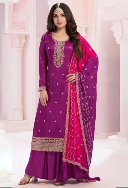 Memsaab Purple Embroidered Silk Sharara Suit Set