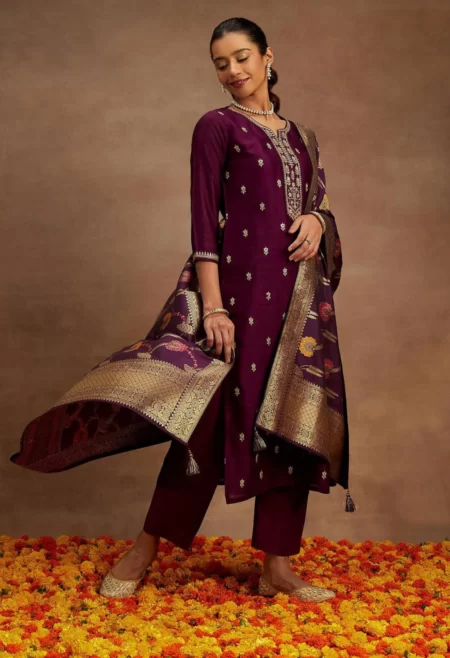 Memsaab Purple Floral Embroidered Silk Kurta Set