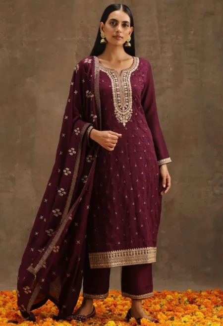 Memsaab Purple Floral Embroidered Silk Suit Set