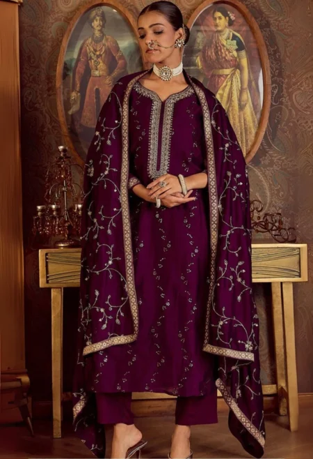 Memsaab Purple and Gold Embroidered Silk Suit Set