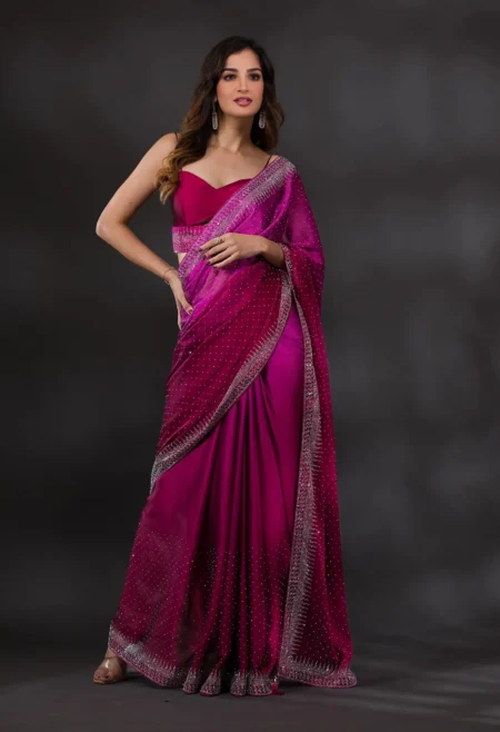 Memsaab Radiant Ombre Wine Satin Stonework Saree