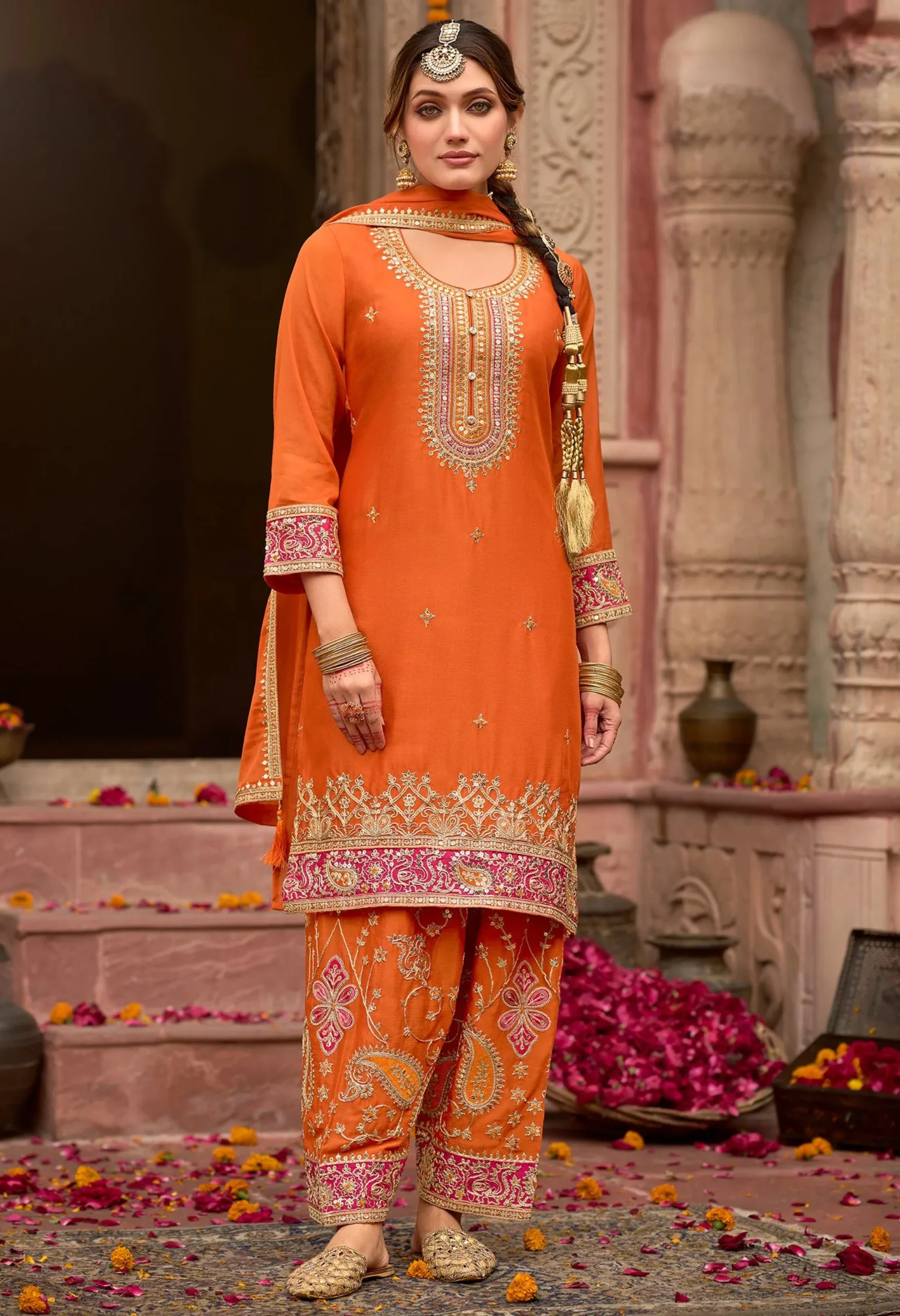 Memsaab Radiant Orange Heavy Embroidered Kurta Set