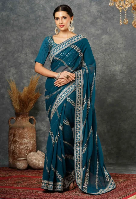 Memsaab Radiant Rama Blue Embroidery Saree