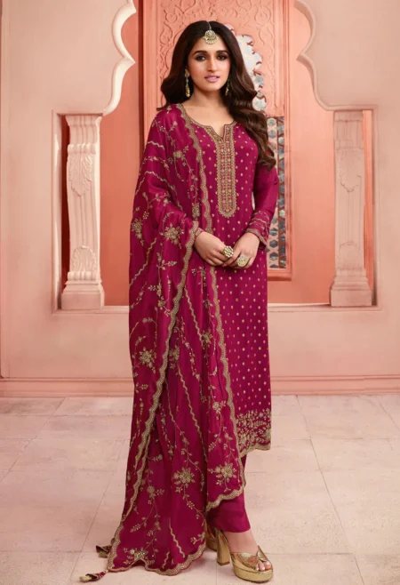 Memsaab Rani Pink Embroidered Dola Jacquard Silk Kurta