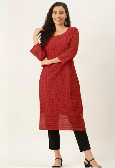 Memsaab Red Embroidered Chikankari Georgette Kurta