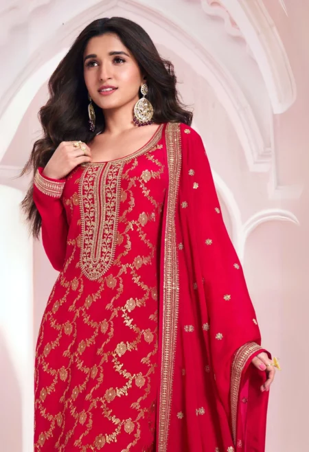 Memsaab Red Embroidered Silk Suit Set