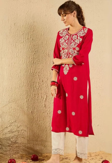 Memsaab Red Embroidered Thread Work Kurta