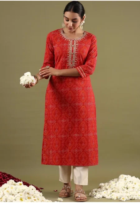 Memsaab Red Floral Printed Cotton Kurta