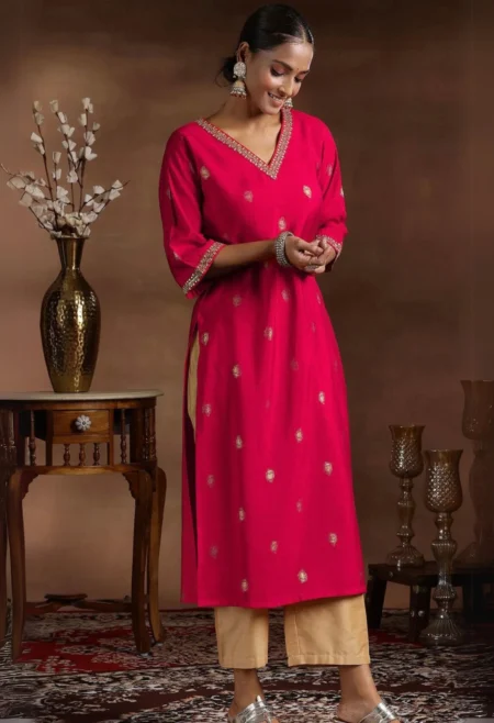 Memsaab Red Printed Silk Kurta