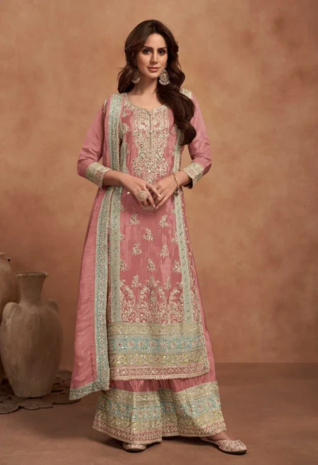 Memsaab Rose Pink Embroidered Silk Suit