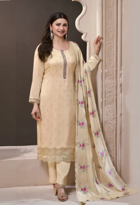 Memsaab Royal Beige Embroidered Silk Palazzo Suit