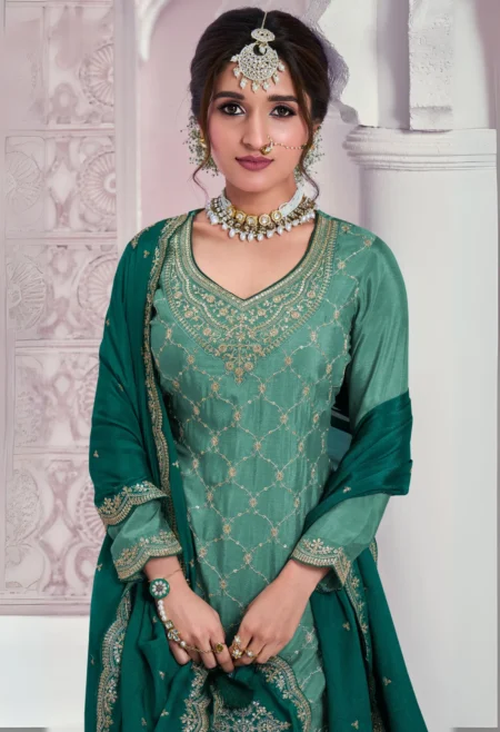 Memsaab Sea Green Embroidered Chinon Sharara Suit Set