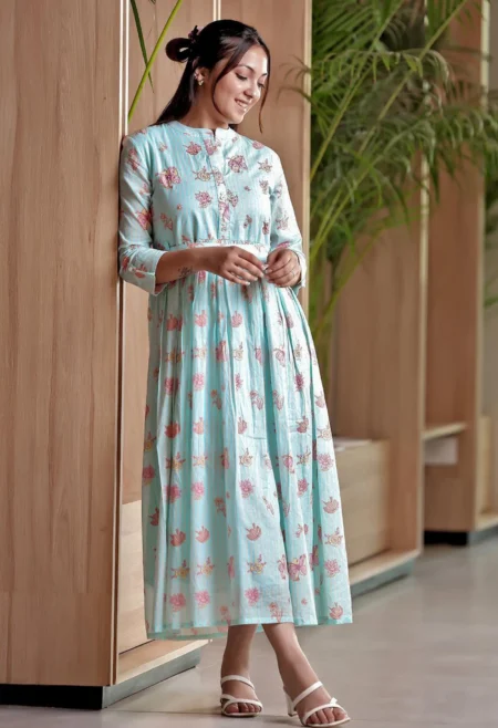 Memsaab Sea Green Floral Print A-Line Dress