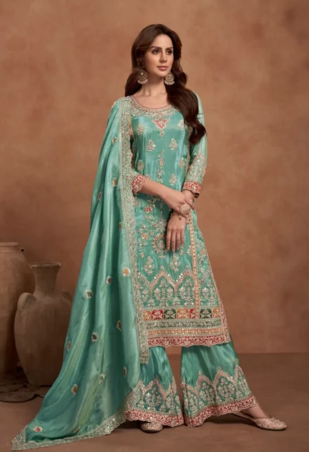 Memsaab Sea Green Heavy Embroidered Silk Suit with Zari Work