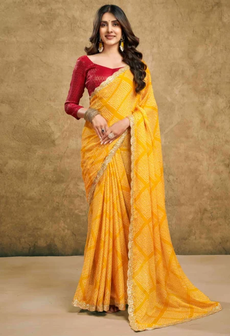Memsaab Sunshine Yellow Bandhani Chiffon Saree