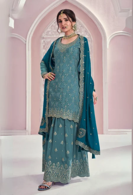 Memsaab Teal Blue Embroidered Chinon Sharara Suit Set