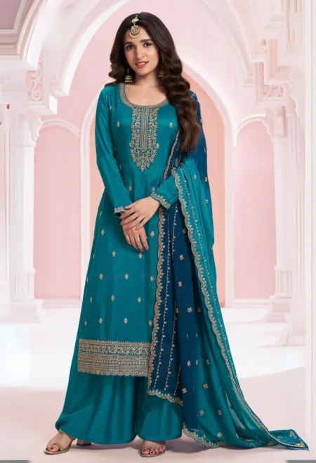 Memsaab Teal Blue Embroidered Silk Sharara Suit