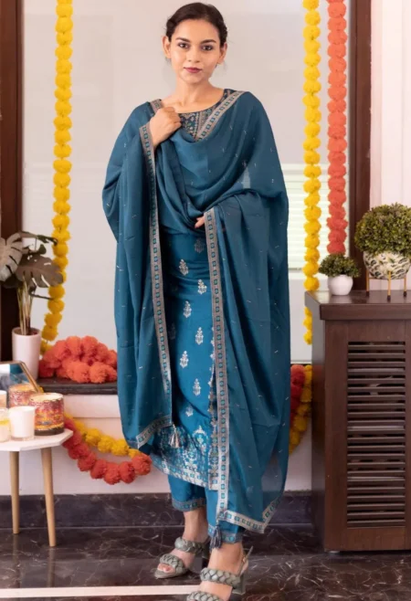 Memsaab Teal Blue and Gold Silk Suit Set