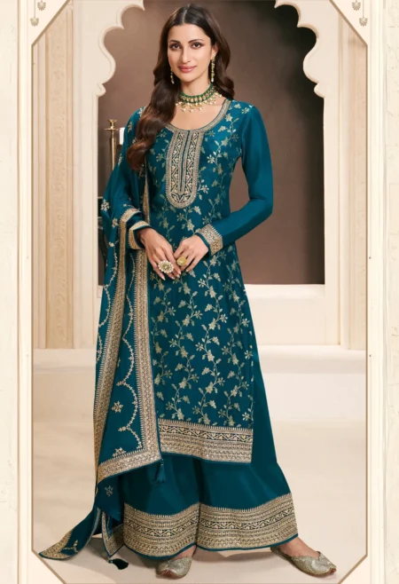 Memsaab Teal Embroidered Palazzo Suit