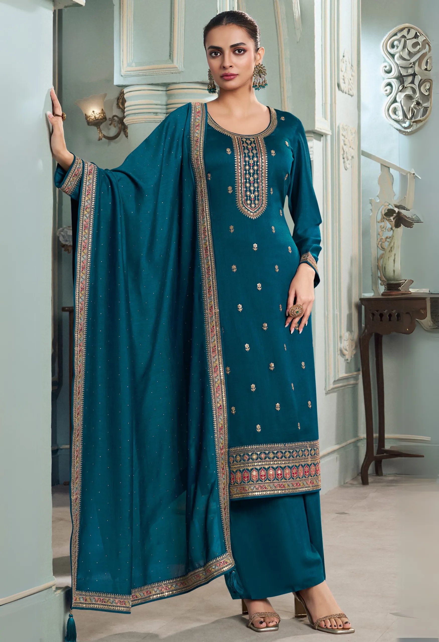 Memsaab Teal Embroidered Silk Suit – Pakistani Suits NZ