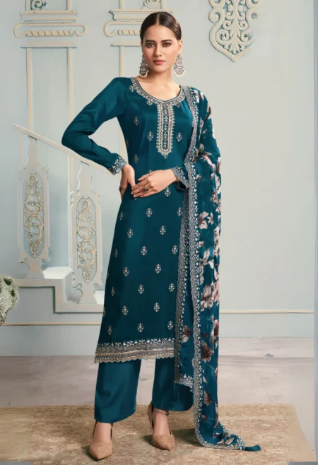 Memsaab Teal Embroidery Georgette Floral Kurta Set