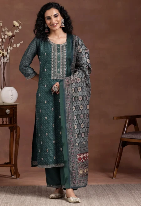 Memsaab Teal Printed Thread Work Kurta Set