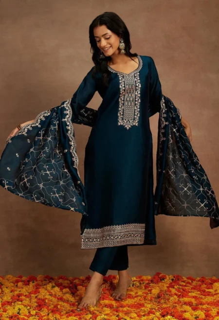 Memsaab Teal Sequinned Straight Kurta Set