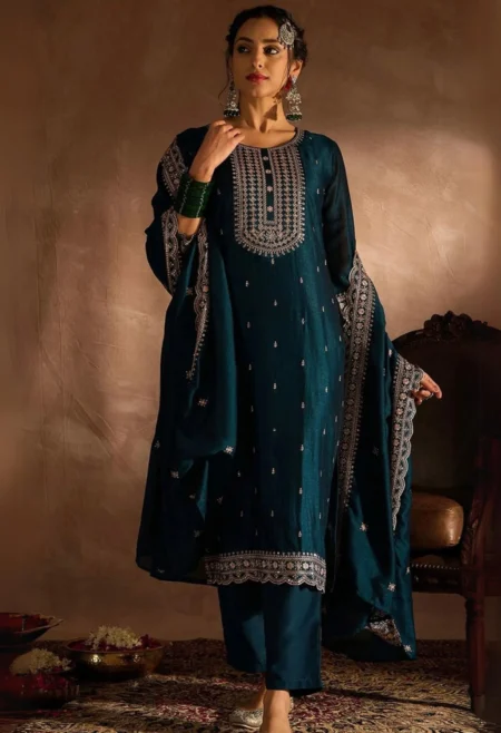 Memsaab Teal and Gold Toned Embroidered Silk Suit Set