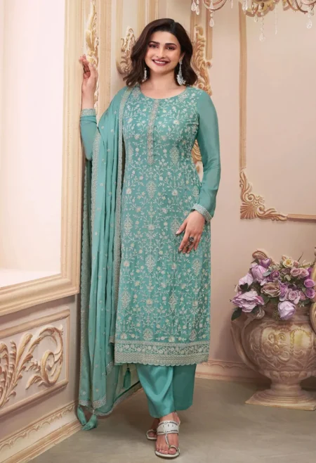 Memsaab Turquoise Thread Embroidered Kurta Suit Set