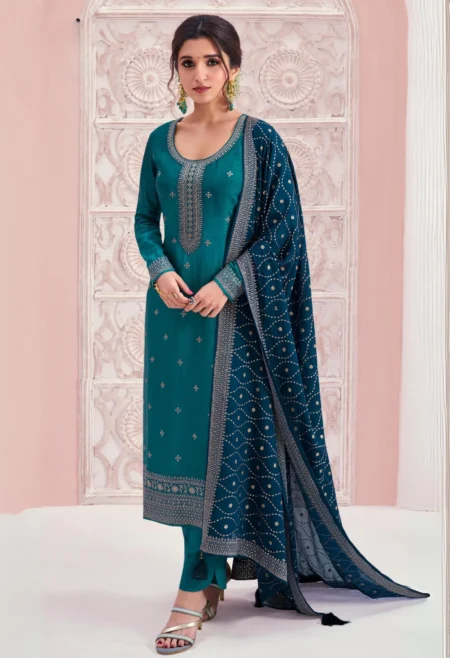 Memsaab Turquoise Thread Embroidered Silk Suit Set