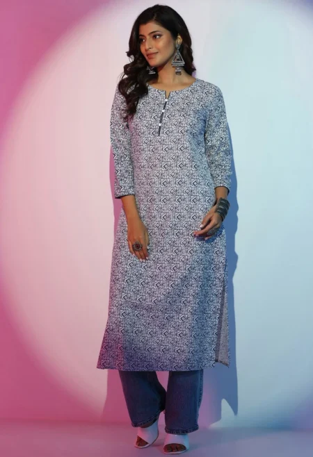 Memsaab White Geometric Printed Kurta