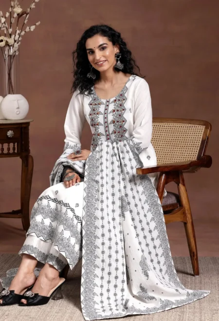 Memsaab White Thread Work Linen Kurta Set