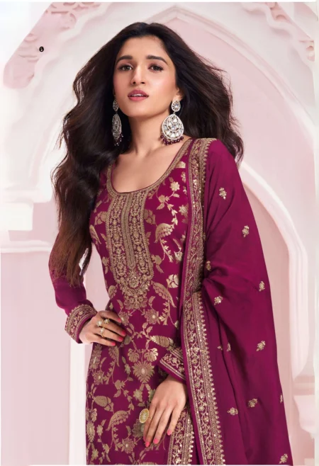 Memsaab Wine Embroidery Silk Suit Set