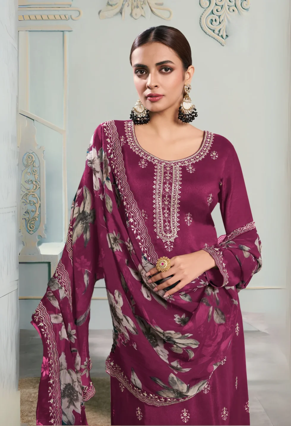 Memsaab Wine Embroidery Georgette Floral Kurta Set 1