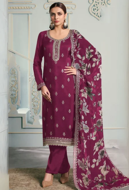 Memsaab Wine Embroidery Georgette Floral Kurta Set