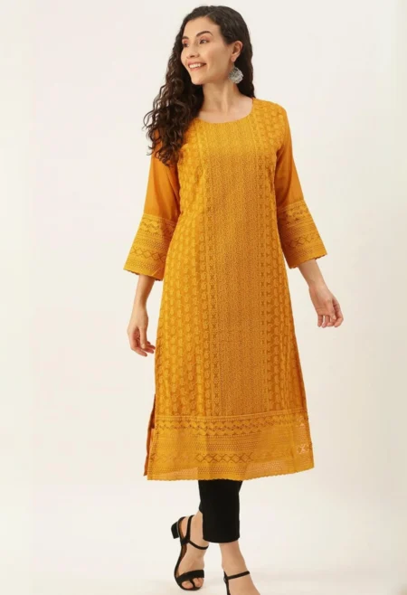 Memsaab Yellow Embroidered Chikankari Georgette Kurta