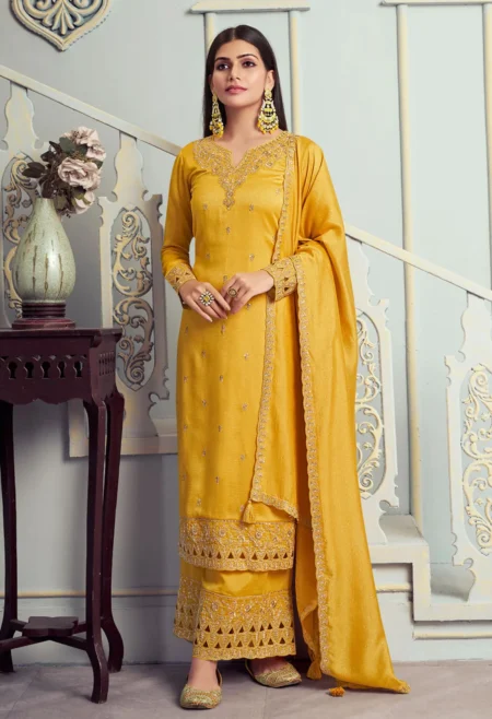 Memsaab Yellow Embroidered Silk Georgette Suit Set