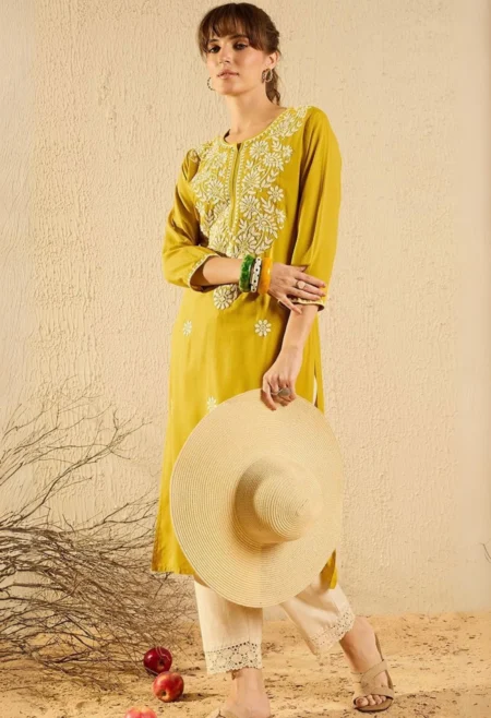 Memsaab Yellow Embroidered Thread Work Kurta